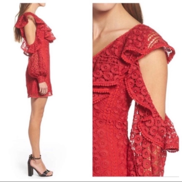 French Connection Red Lace Cold Shoulder Dress - Picture 3 of 8